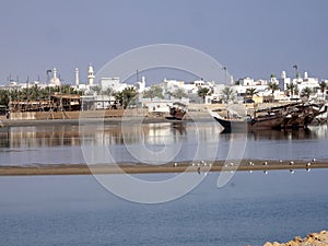 View of boats in the bay, Sur, Oman
