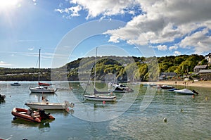 View of boats in New Quay harbour, Wales.