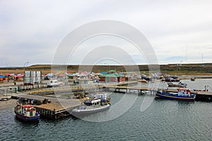 View of boats in the port of Porvenir, Tierra Del Fuego, Chile