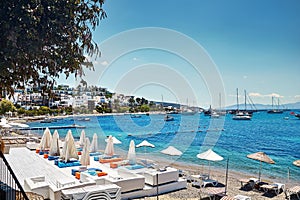 View of Bodrum Beach with umbrella at Aegean sea