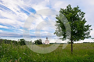 View through Bogolubovo meadow towards the Church of the Intercession of the Holy Virgin on the Nerl River.