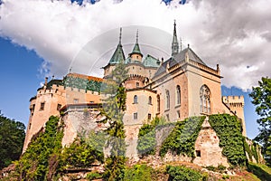 View of Bojnice medieval castle, UNESCO heritage in Slovakia Slovakia landscape travel. concept. Romantic castle.