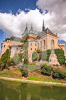 View of Bojnice medieval castle, UNESCO heritage in Slovakia Slovakia landscape travel. concept. Romantic castle.