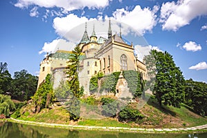 View of Bojnice medieval castle, UNESCO heritage in Slovakia Slovakia landscape travel. concept. Romantic castle