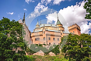 View of Bojnice medieval castle, UNESCO heritage in Slovakia Slovakia landscape travel. concept. Romantic castle