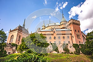 View of Bojnice medieval castle, UNESCO heritage in Slovakia Slovakia landscape travel. concept. Romantic castle