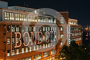 View of Bond Street Wharf at night, in Fells Point, Baltimore, Maryland