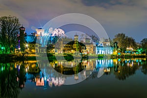 view of borgo medievale castle looking buidling in the italian city torino during night...IMAGE photo