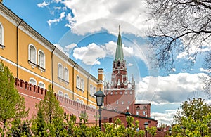 View of Borovitskaya Tower from Alexander Garden in Moscow