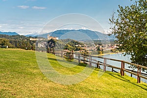 View of Borromeo Castle at Angera from the public park of Rocca Borromeo of Arona, Italy