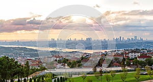 View on the Bosphorus Bridge and Istanbul skyscrappers from Camlica Hill, Turkey