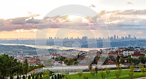 View on the Bosphorus Bridge and Istanbul skyscrappers from Camlica Hill, Turkey photo