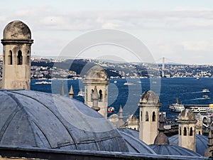 View of the Bosphorus and Istanbul towers and minarets in the foreground