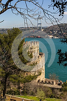 View of the Bosphorus and Sultan Mehmed Fatih Bridge from  the historic Rumelihisari or Rumelian Castle in Istanbul. Turkey