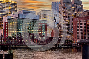 View of Boston skyscrapers at sunset. USA. Boston.