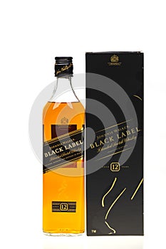 View of bottle of whisky with box Johnnie Walker Black Label.