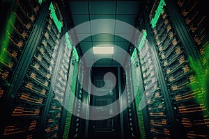 view from the bottom of a data center server rack with a field department