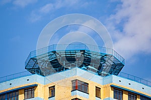 View from the bottom on the helipad on the roof