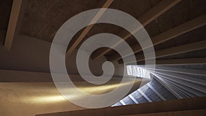 View from the bottom on the light wooden ceiling cover with wooden beams and sunlight passing through the windows