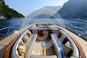 View from the bow of a luxury yacht sailing near majestic mountains on a clear day