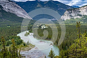 View of the Bow River as seen from the hoodoos viewpoint in Banff National Park, Alberta Canada