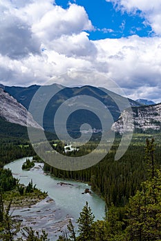 View of the Bow River as seen from the hoodoos viewpoint in Banff National Park, Alberta Canada