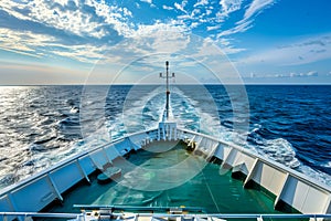 A view of the bow of a ship in the ocean