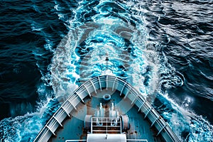 A view of the bow of a ship in the ocean