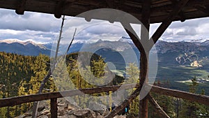 View of Bow Valley and the Rocky Mountains from shelter on the top of Big Beehive near Lake Louise, Banff National Park, Canada.