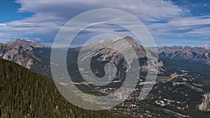 View of Bow Valley with town Banff surrounded by Rocky Mountains including Cascade Mountain in Banff National Park, Canada.