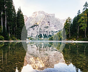 View of Braies Lake in Dolomites, Italy