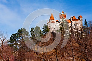 View of Bran Castle from hilltop in Transylvania