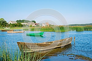 View of Braslau or Braslav. Wooden rowing fishing boats on Lake Drivyaty. Braslav lakes. Belarus