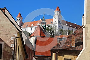 View of Bratislava castle from Farska street in Bratislava, Slovakia