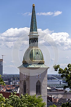 View of Bratislava from the castle hill with the St Martin`s Cathedral in the foreground