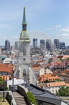 View of Bratislava from the castle hill with the St Martin`s Cathedral in the foreground