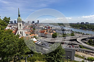 View of Bratislava from the castle hill with the St Martin`s Cathedral in the foreground