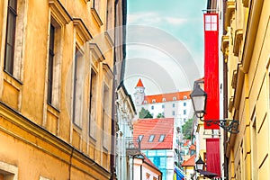 View of Bratislava castle from Prepostska street in Bratislava, Slovakia