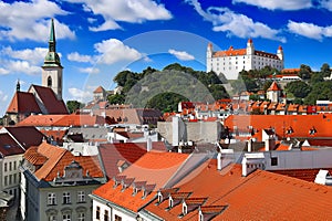 View of Bratislava castle right and St. Martin Cathedral left in Bratislava, Slovakia