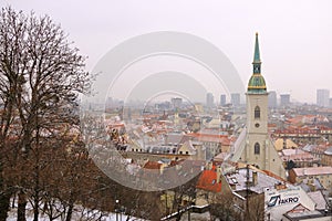 View of Bratislava and the Cathedral of St. Martin from Bratislava Castle, Slovakia in winter