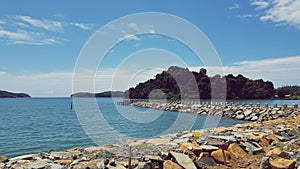 View of Breakwaters With Blue Sea and Blue Sky in Rigaih Coast, Aceh Jaya.