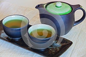 View of the Brewed and healthy Japanese green tea served in traditional hohin and shiboridashi dishes