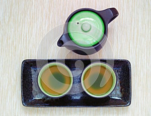 View of the Brewed and healthy Japanese green tea served in traditional hohin and shiboridashi dishes