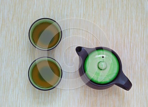 View of the Brewed and healthy Japanese green tea served in traditional hohin and shiboridashi dishes