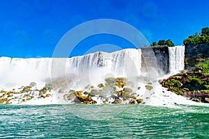 View on the Bridal Veil Falls and American Falls of the Niagara Falls, the part of Goat Island, the Cave of the Winds