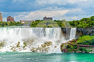 View on the Bridal Veil Falls and American Falls of the Niagara Falls, the part of Goat Island, the Cave of the Winds