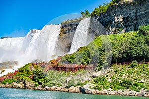 View on the Bridal Veil Falls and American Falls of the Niagara Falls, the part of Goat Island, the Cave of the Winds