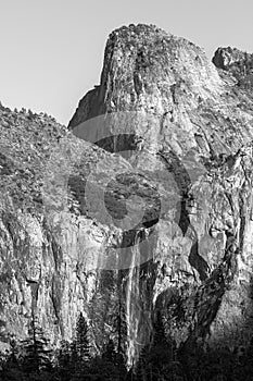 View of the Bridalveil Fall and the Cathedral rocks in Yosemite National Park, California, USA.