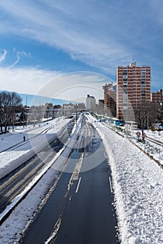 View from a bridge of the A2 highway with snow, a sunny day, Madrid, Spain, Europe, January 10, 2021,