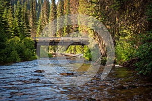 A view of a bridge across mountain river flowing through a forest at sunrise